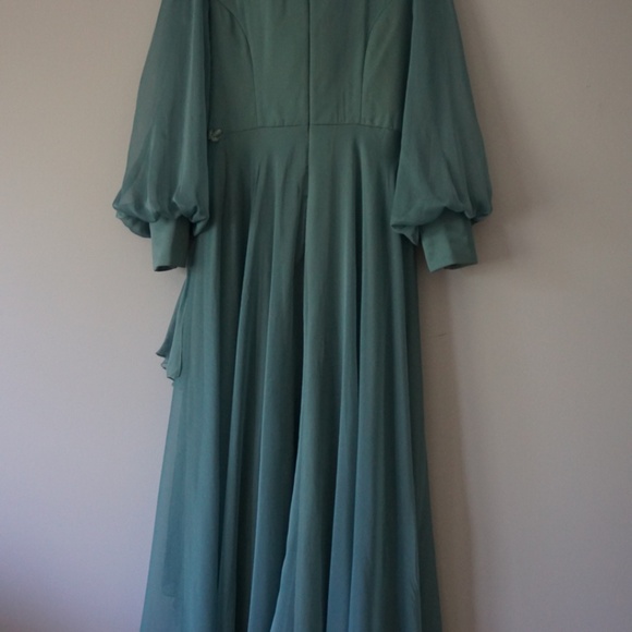 Flowy Aqua Chiffon Long Sleeve Formal Dress with Embellished Waist - Picture 5 of 10
